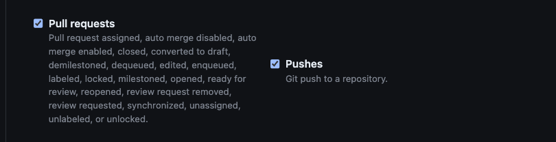 Example of the Pushes option enabled in the GitHub settings Example of the Pushes option enabled in the GitHub settings